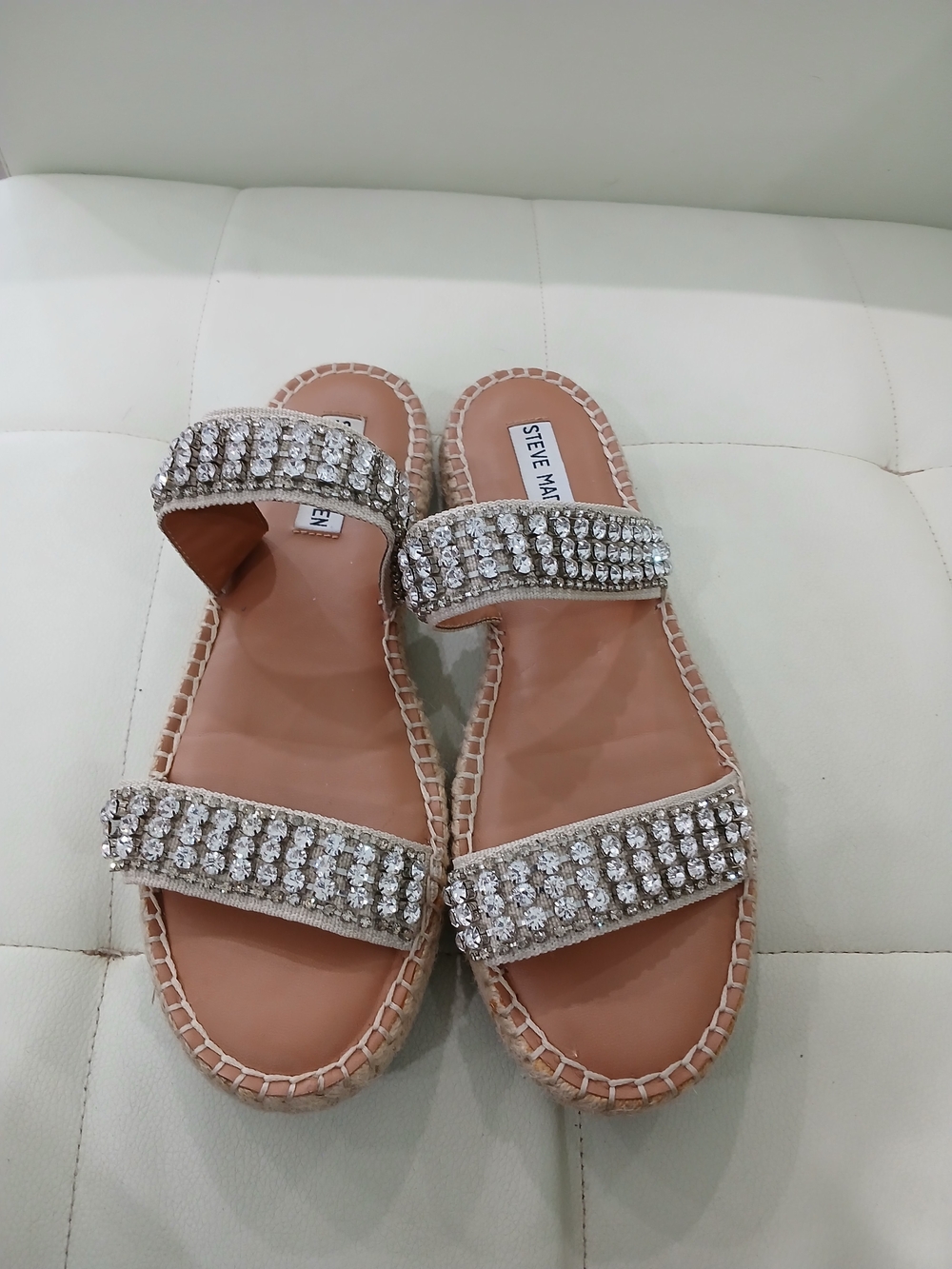 Steve Madden Crystal Double-Strap Slide Sandals - Beige